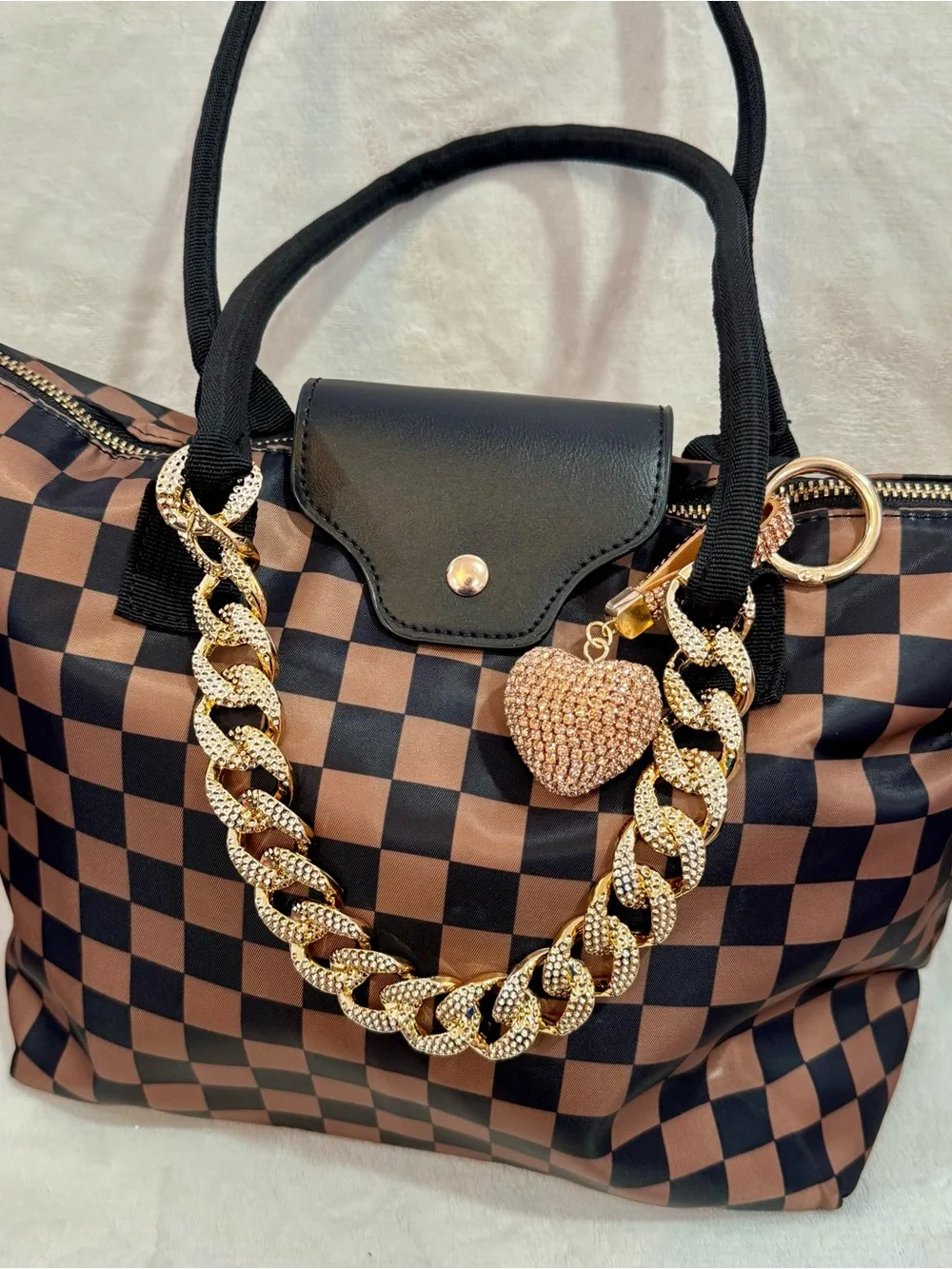 New Classic Brown Checkered Hobo Bag w/ Crossbody Strap